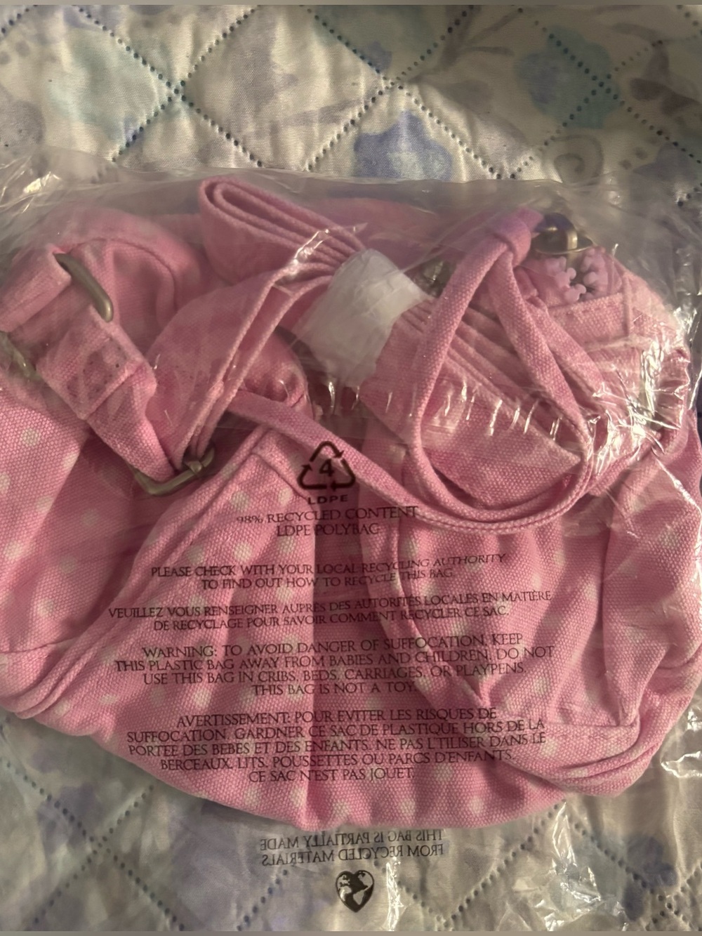 NWT PINK Canvas Rolled Duffle Shoulder Bag
with white polka dots and rhinestones - Picture 3 of 4